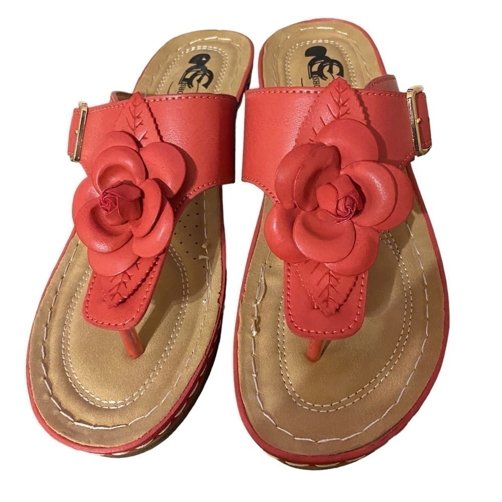 GC Sydney Rosette Padded Thong Wedge Sandals, Women’s 9W Coral NWOT - Picture 5 of 13